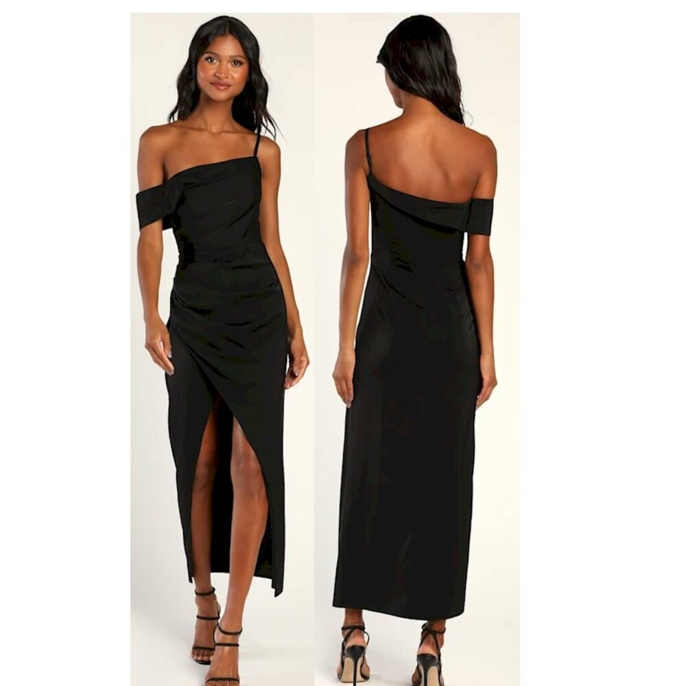 Lulu's Black One-Shoulder Maxi with Asymmetric Sleeve and Front Slit